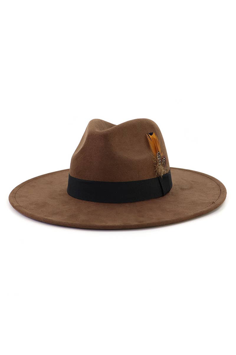 WOMEN WARM FEATHER DECORATIVE BELT PANAMA HAT_CWAH0676: CAMEL / (OS) 1