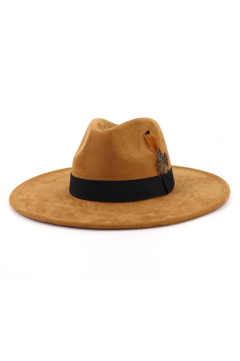 WOMEN WARM FEATHER DECORATIVE BELT PANAMA HAT_CWAH0676: CAMEL / (OS) 1