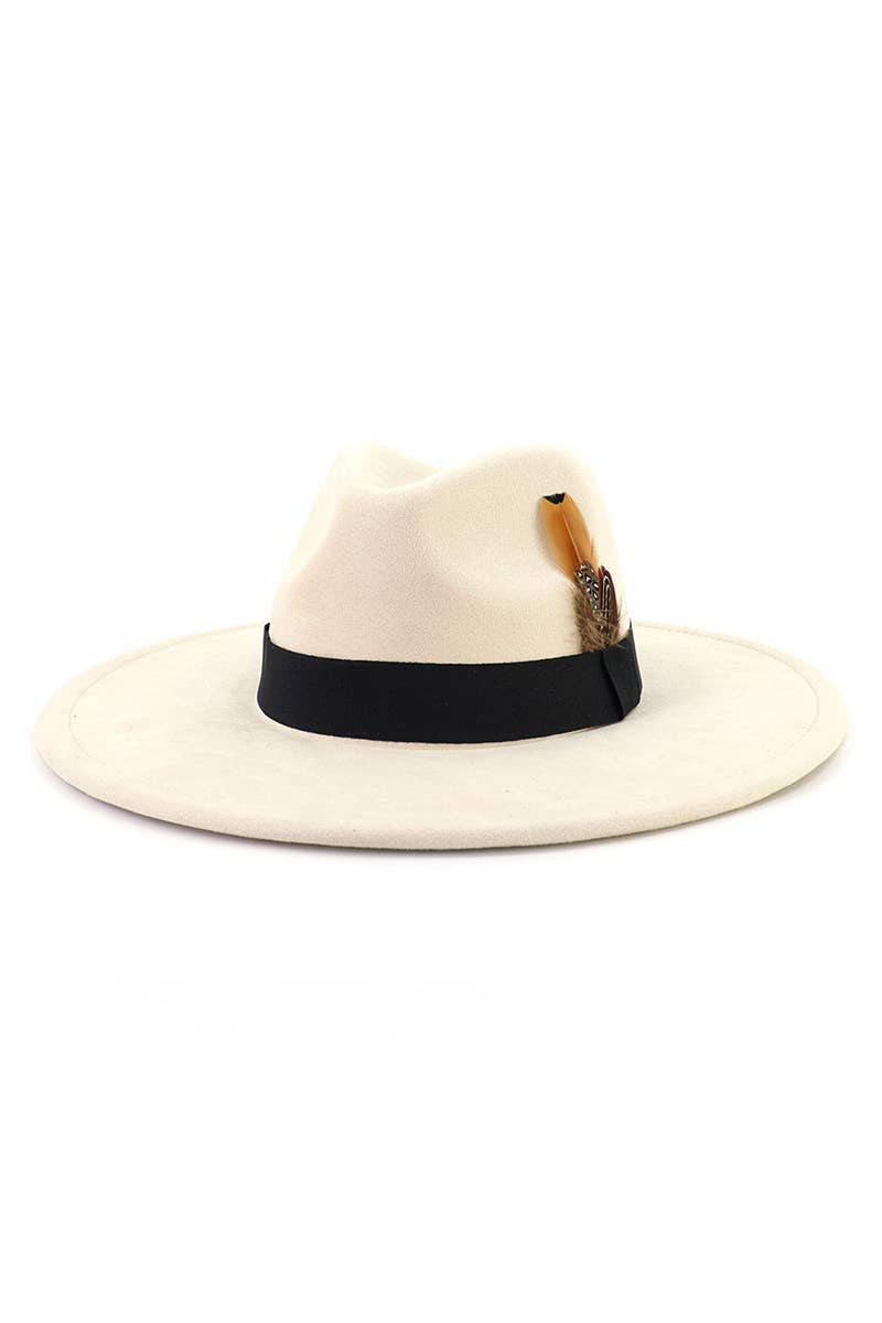 WOMEN WARM FEATHER DECORATIVE BELT PANAMA HAT_CWAH0676: BLACK / (OS) 1