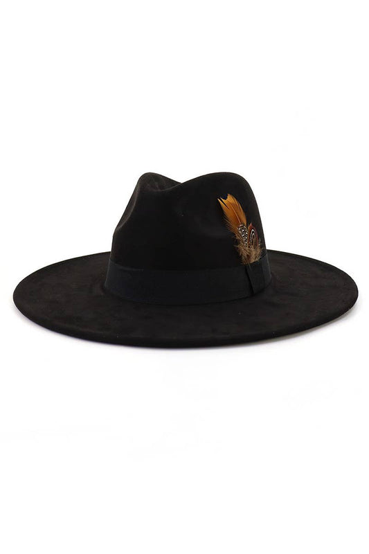 WOMEN WARM FEATHER DECORATIVE BELT PANAMA HAT_CWAH0676: BLACK / (OS) 1