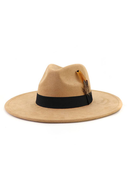 WOMEN WARM FEATHER DECORATIVE BELT PANAMA HAT_CWAH0676: CAMEL / (OS) 1