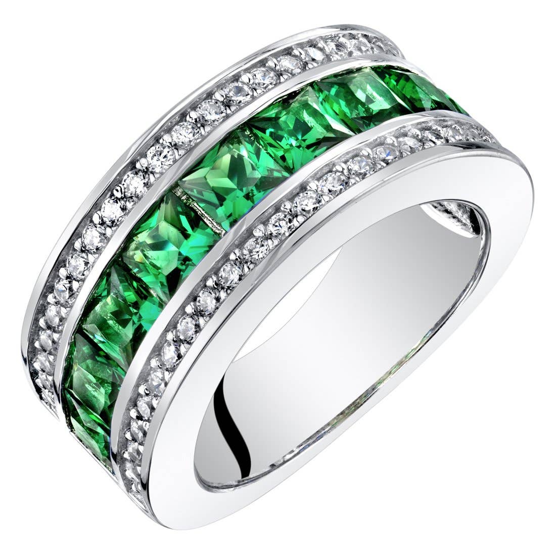 Simulated Emerald Princess Cut Sterling Silver Band Size 6