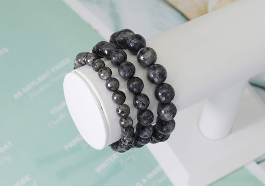 Larvikite Round Faceted Beads Stretchy Bracelet - 10 MM